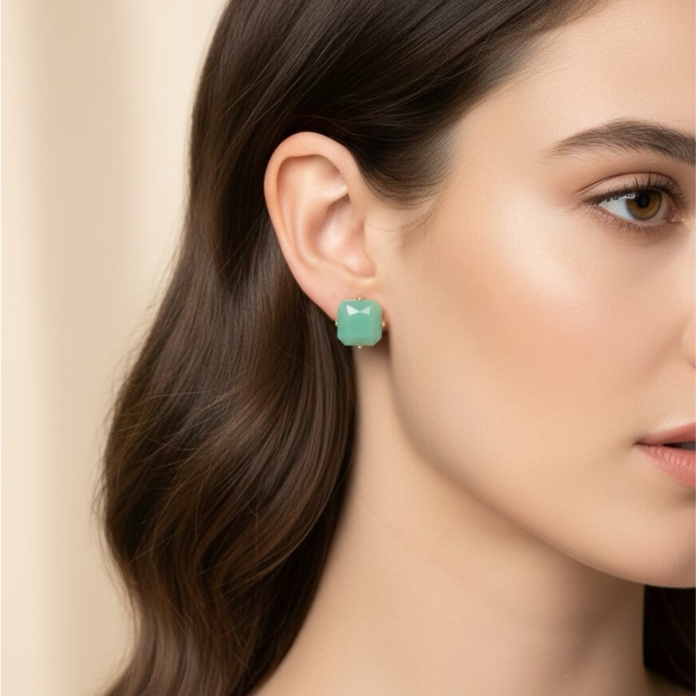 Green Square Gemstone Stud Earrings - Women Jewelry